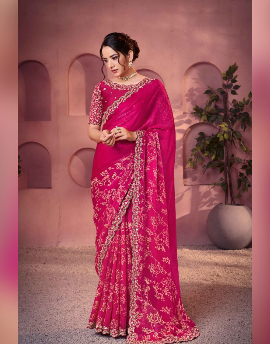 Designer Pink Two-Tone Satin Silk Saree with Traditional Print & Intricate Embellished Embroidery - Buy