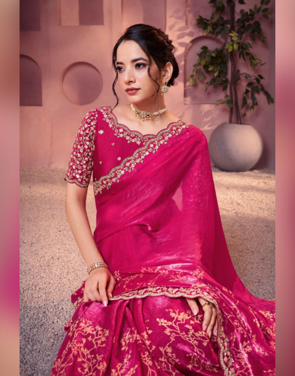 Designer Pink Two-Tone Satin Silk Saree with Traditional Print & Intricate Embellished Embroidery - Buy_1