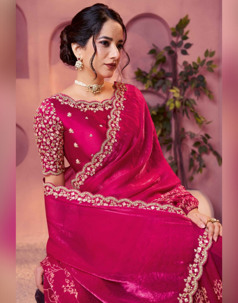 Designer Pink Two-Tone Satin Silk Saree with Traditional Print & Intricate Embellished Embroidery - Buy_2