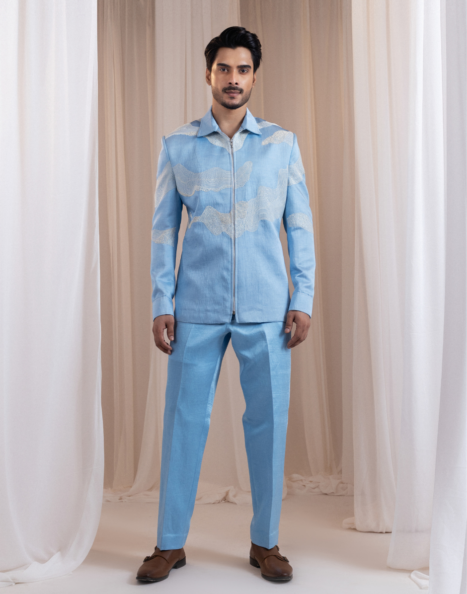 Designer Powder Blue Shacket Suit Wave Embroidery with French Knots & Beaded Detailing