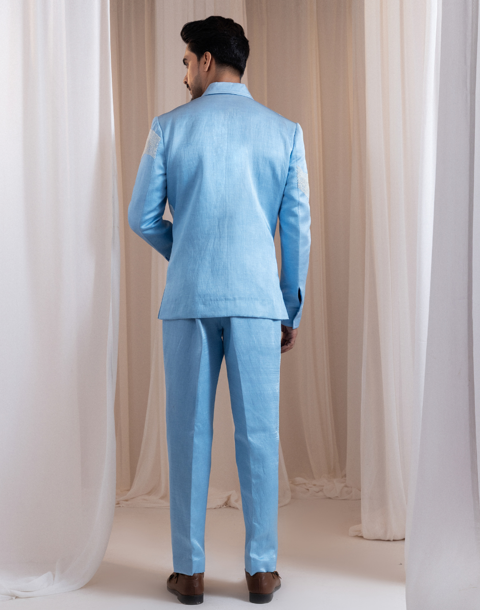 Designer Powder Blue Shacket Suit Wave Embroidery with French Knots & Beaded Detailing