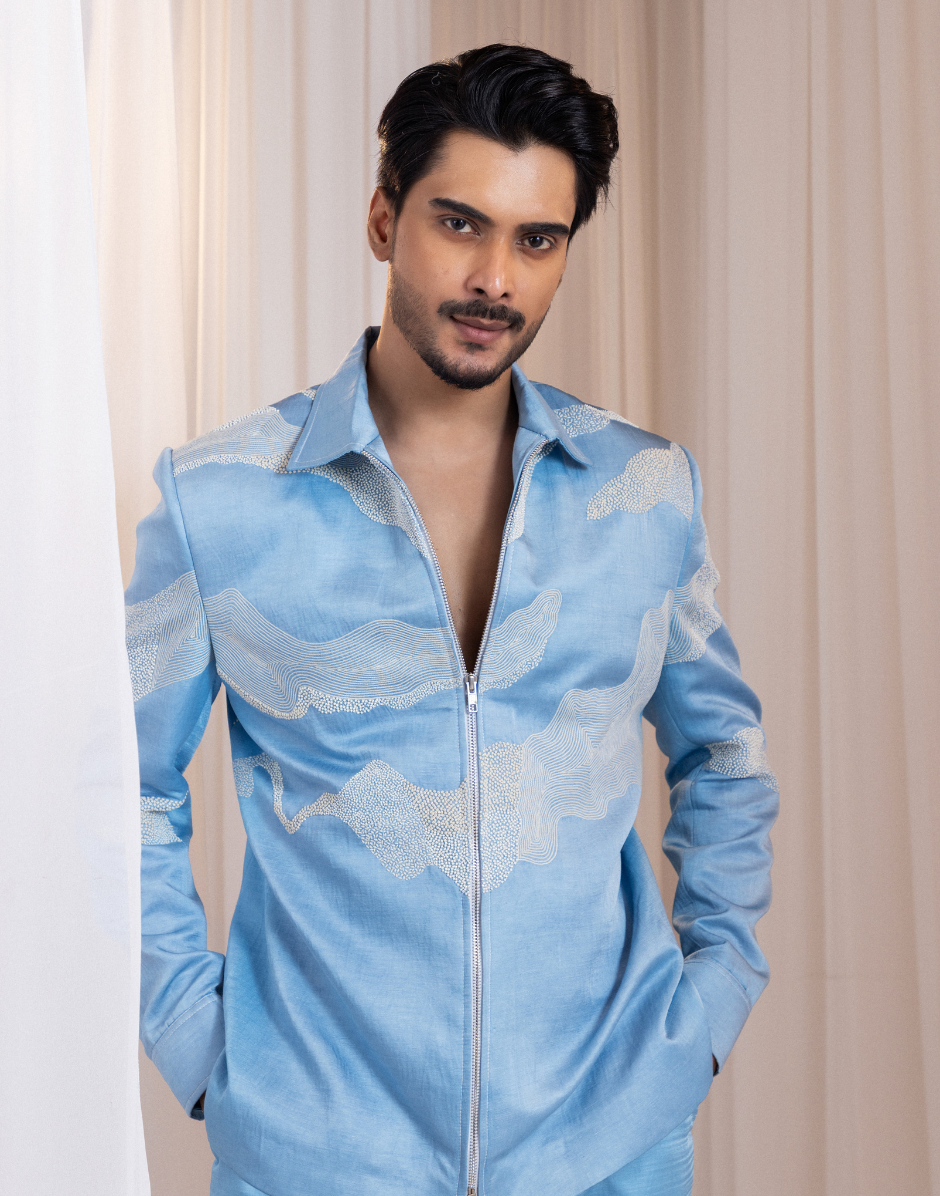 Designer Powder Blue Shacket Suit Wave Embroidery with French Knots & Beaded Detailing_2