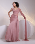 Designer Rose Saree with Heavy Crystal Blouse, Ruched Draped Skirt & Attached Embellished Dupatta