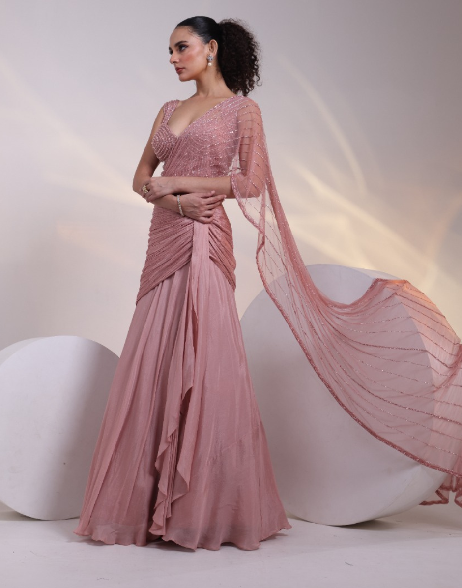 Designer Rose Saree with Heavy Crystal Blouse, Ruched Draped Skirt & Attached Embellished Dupatta_2