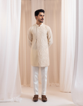 Designer Sandscript Beige Overlap Kurta Set Subtle Tone-on-Tone Embroidery with Clean Contrasting Panel