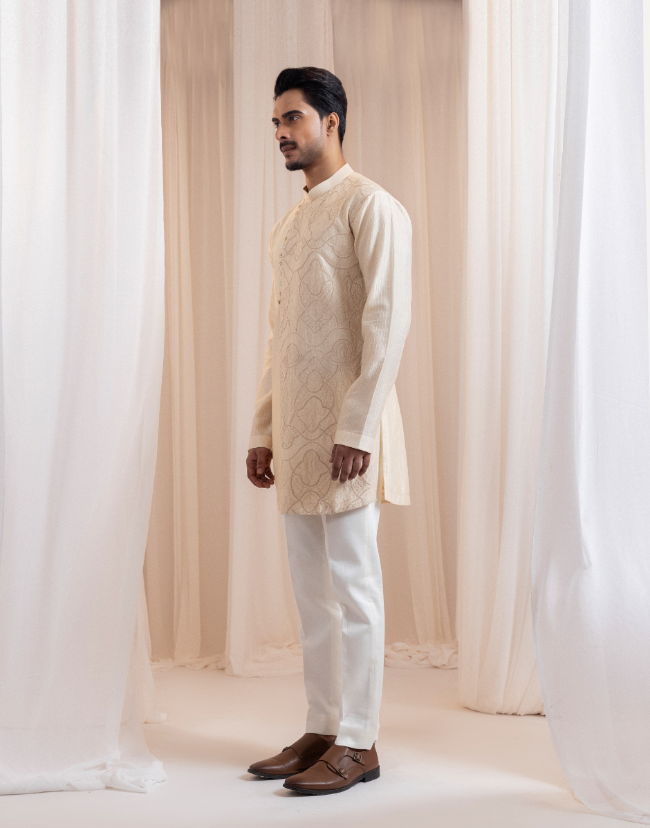 Designer Sandscript Beige Overlap Kurta Set Subtle Tone-on-Tone Embroidery with Clean Contrasting Panel