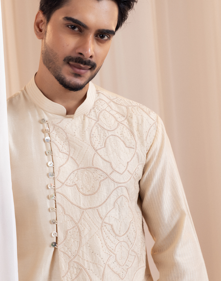 Designer Sandscript Beige Overlap Kurta Set Subtle Tone-on-Tone Embroidery with Clean Contrasting Panel_2