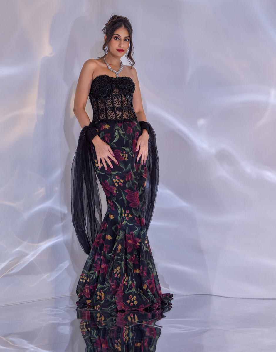Designer Selena Skirt Set Black Printed Chiffon Fishtail Skirt with Corset & Net Cuffed Shrug