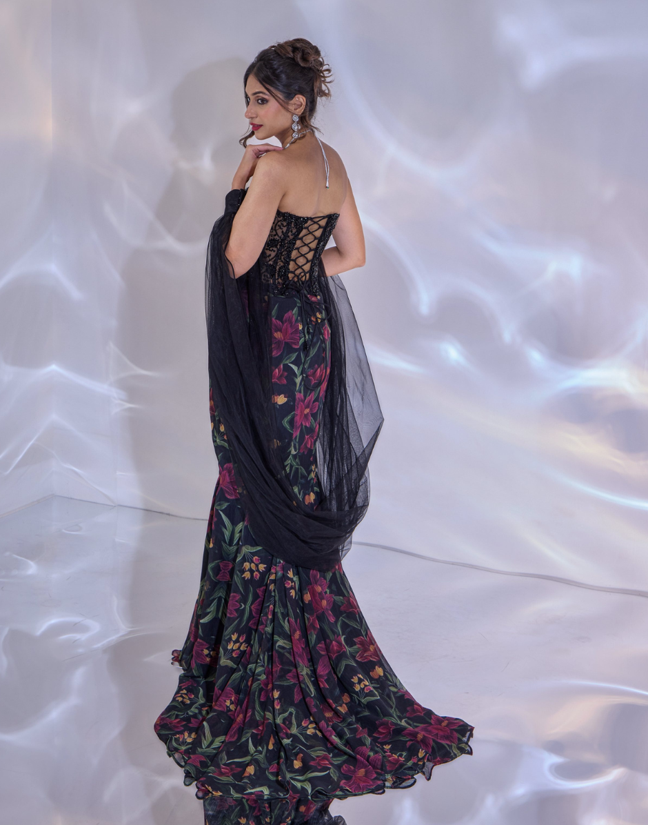 Designer Selena Skirt Set Black Printed Chiffon Fishtail Skirt with Corset & Net Cuffed Shrug