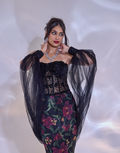 Designer Selena Skirt Set Black Printed Chiffon Fishtail Skirt with Corset & Net Cuffed Shrug_2
