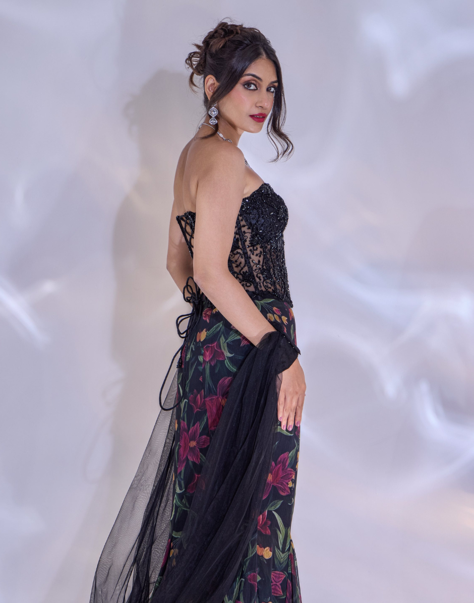 Designer Selena Skirt Set Black Printed Chiffon Fishtail Skirt with Corset & Net Cuffed Shrug_3
