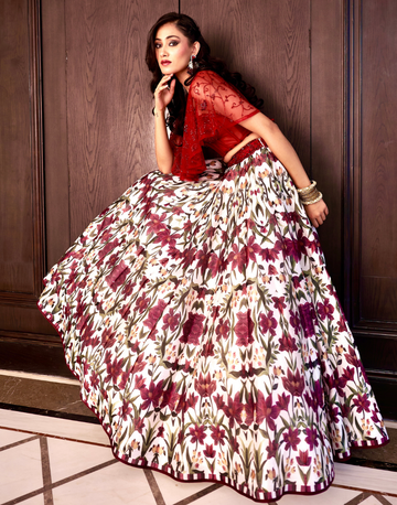 Designer Silk Printed Lehenga with Embellished Corset Blouse & Cape Perfect for Festive & Wedding Occasions