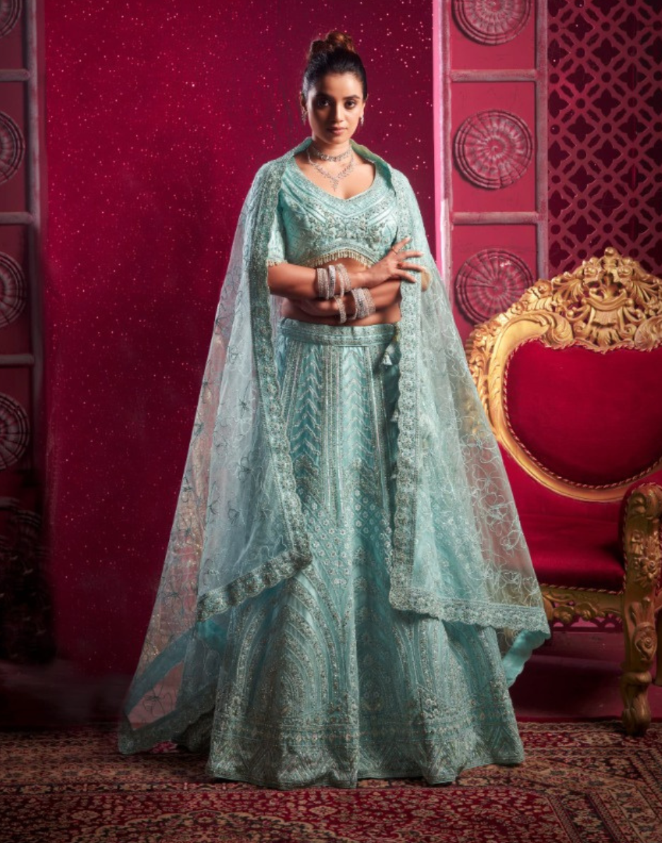 Designer Sky Blue Lehenga Blouse Dupatta with Zarkan, Latkans & Mirror Work - Buy