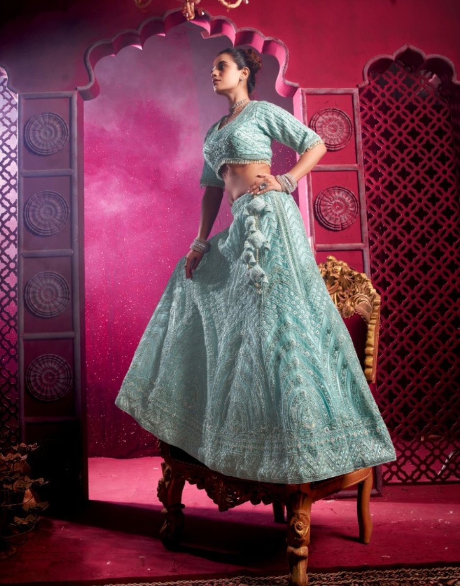 Designer Sky Blue Lehenga Blouse Dupatta with Zarkan, Latkans & Mirror Work - Buy_1