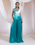 Designer Sky Blue Two-Piece Ensemble with Asymmetric Top & Ruched Palazzo Bottoms