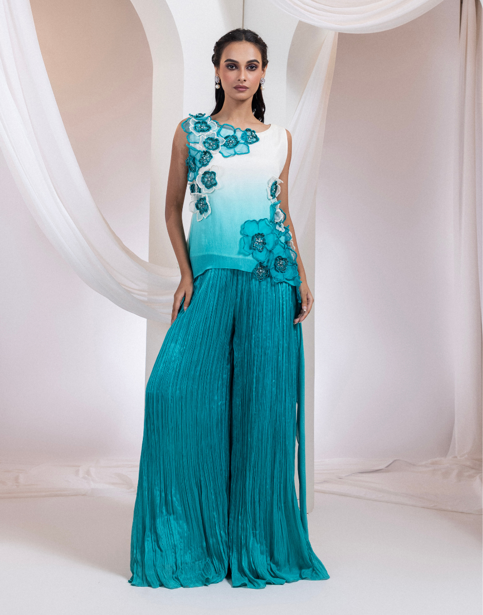 Designer Sky Blue Two-Piece Ensemble with Asymmetric Top & Ruched Palazzo Bottoms