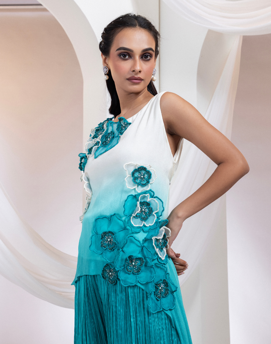 Designer Sky Blue Two-Piece Ensemble with Asymmetric Top & Ruched Palazzo Bottoms