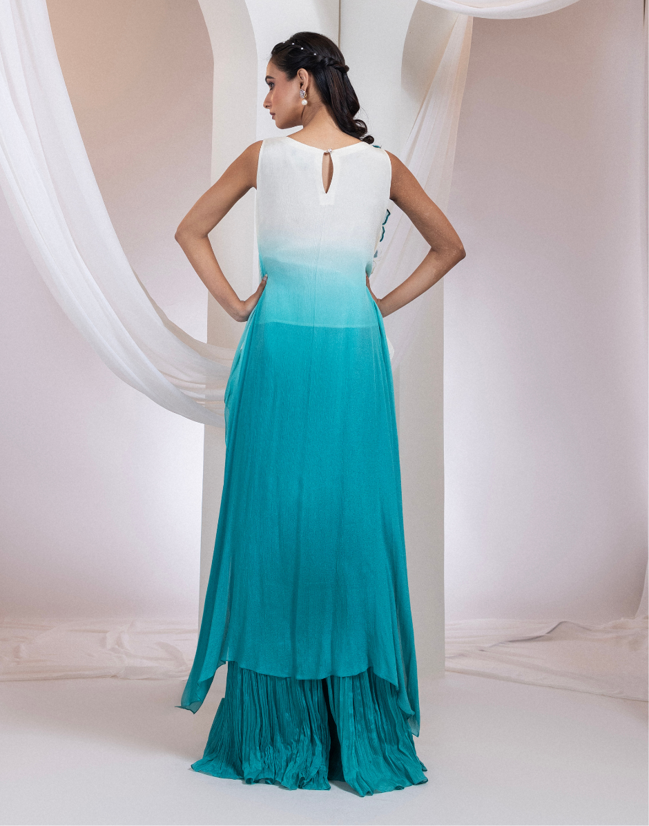 Designer Sky Blue Two-Piece Ensemble with Asymmetric Top & Ruched Palazzo Bottoms_3