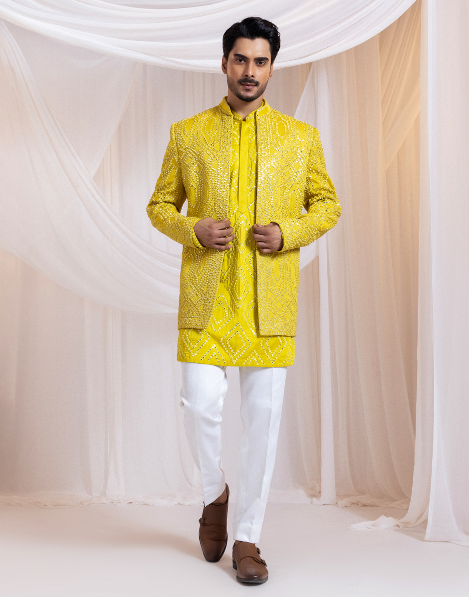 Designer Solflectra Mirrorwork Set Yellow Geometric Embroidered Jacket, Satin Kurta & Cotton Pants