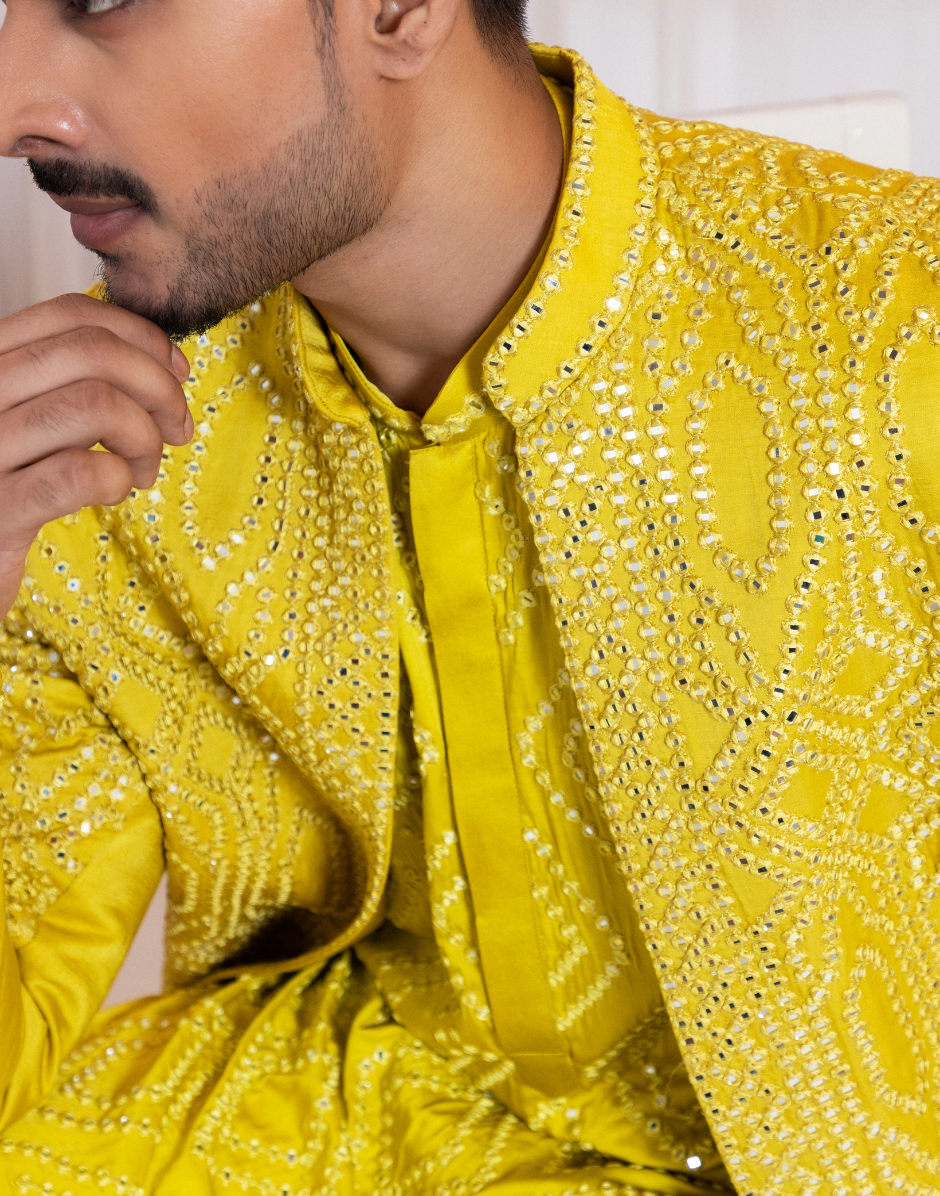 Designer Solflectra Mirrorwork Set Yellow Geometric Embroidered Jacket, Satin Kurta & Cotton Pants