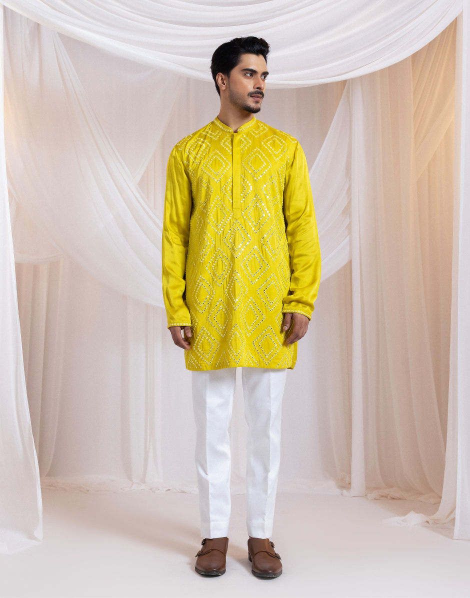 Designer Solflectra Mirrorwork Set Yellow Geometric Embroidered Jacket, Satin Kurta & Cotton Pants_2