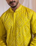 Designer Solflectra Mirrorwork Set Yellow Geometric Embroidered Jacket, Satin Kurta & Cotton Pants_3