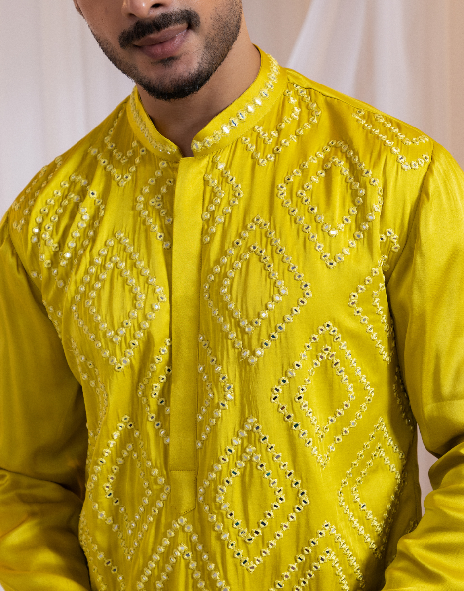 Designer Solflectra Mirrorwork Set Yellow Geometric Embroidered Jacket, Satin Kurta & Cotton Pants_3