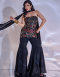 Designer Tiya Set Floral Silk Strapless Top with Chiffon Flared Pants & Signature Choker Dupatta