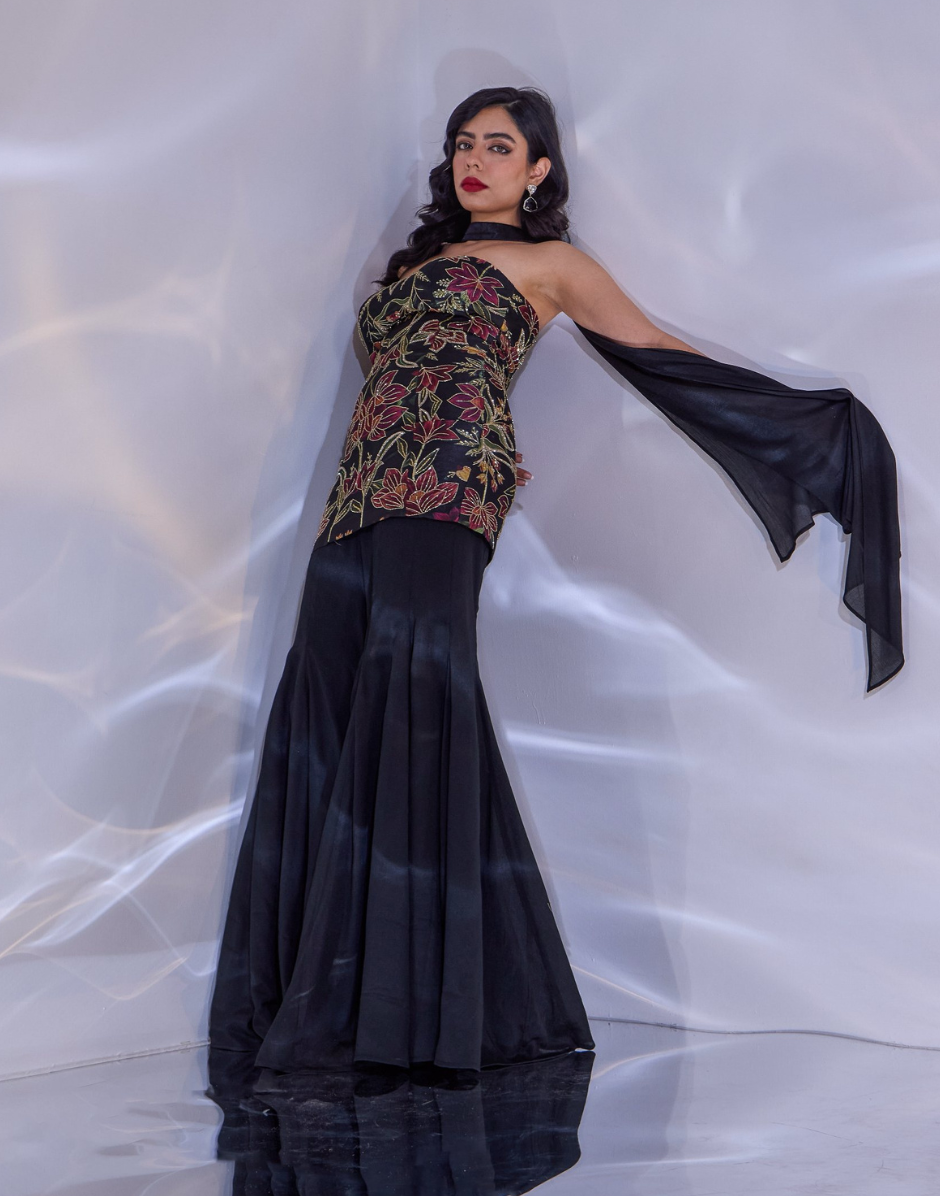 Designer Tiya Set Floral Silk Strapless Top with Chiffon Flared Pants & Signature Choker Dupatta_1