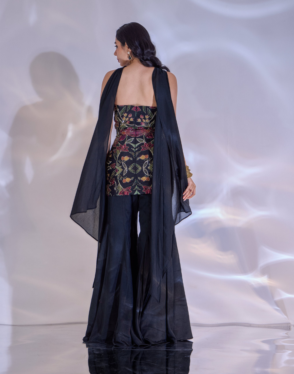 Designer Tiya Set Floral Silk Strapless Top with Chiffon Flared Pants & Signature Choker Dupatta_2