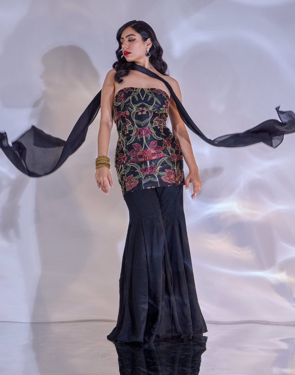 Designer Tiya Set Floral Silk Strapless Top with Chiffon Flared Pants & Signature Choker Dupatta_3