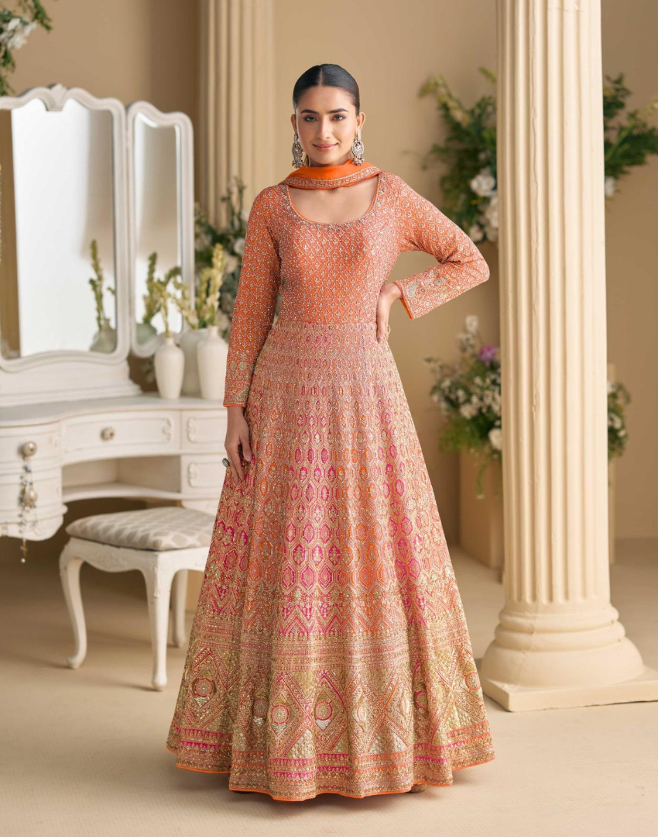 Designer Wedding Gown in Georgette with Seroski Zarkan Work & Embroidered Dupatta - Buy