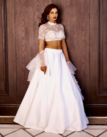 Designer White Satin Lehenga with Intricate Net Blouse & Ruffled Organza Dupatta Luxe Occasion Wear