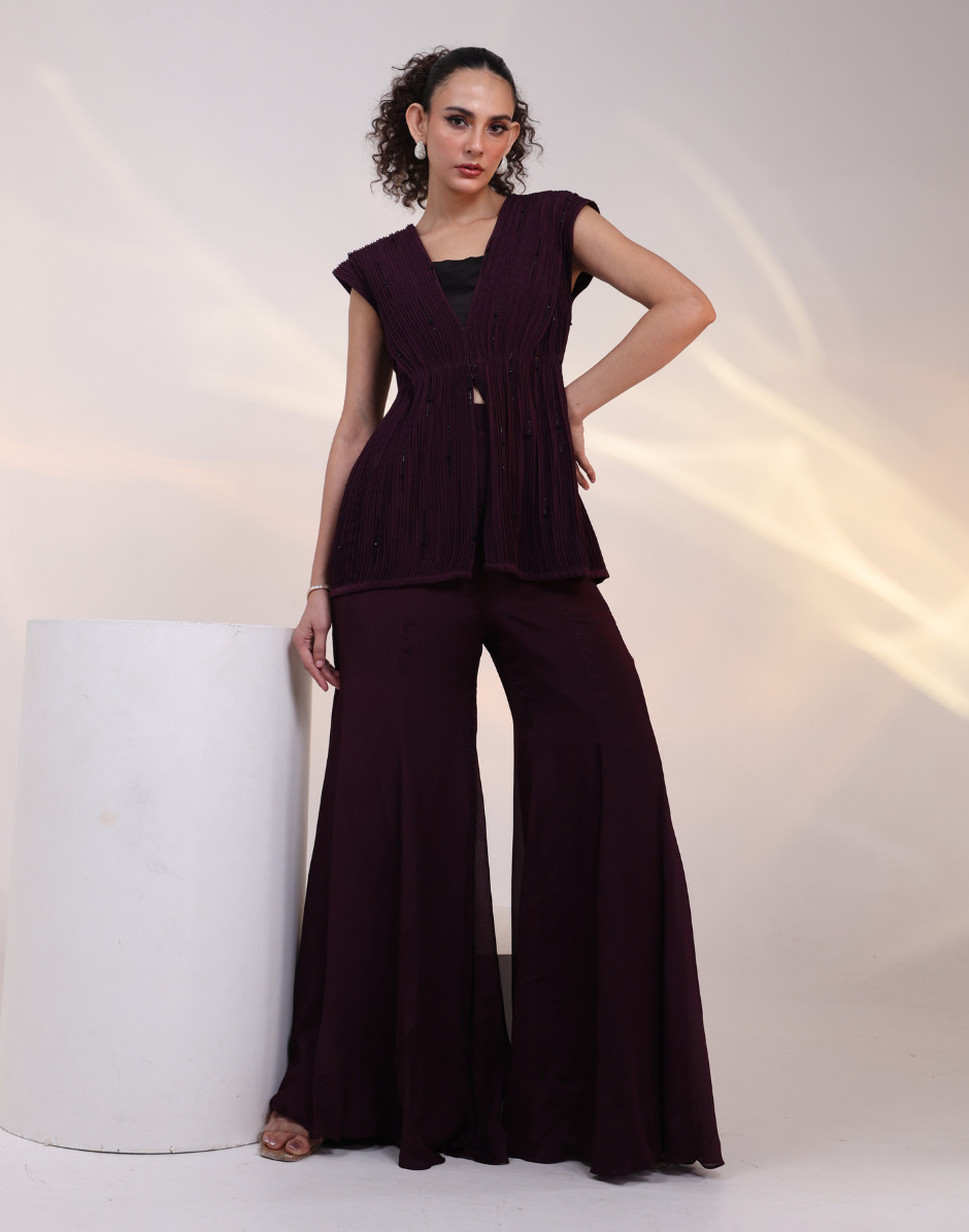 Designer Wine Three-Piece Co-Ord with Bustier, Tailored Overlay & Ankle-Length Flared Pants