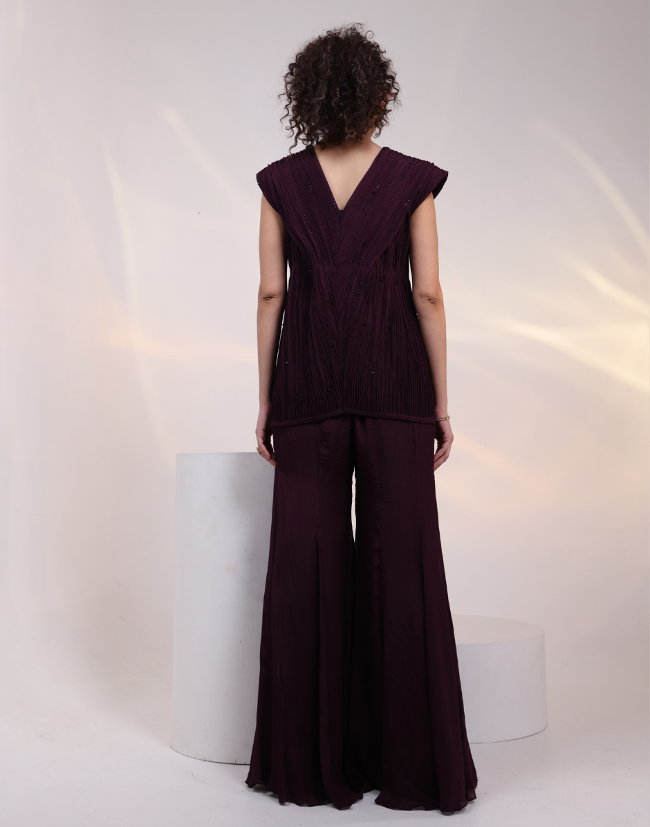 Designer Wine Three-Piece Co-Ord with Bustier, Tailored Overlay & Ankle-Length Flared Pants_2