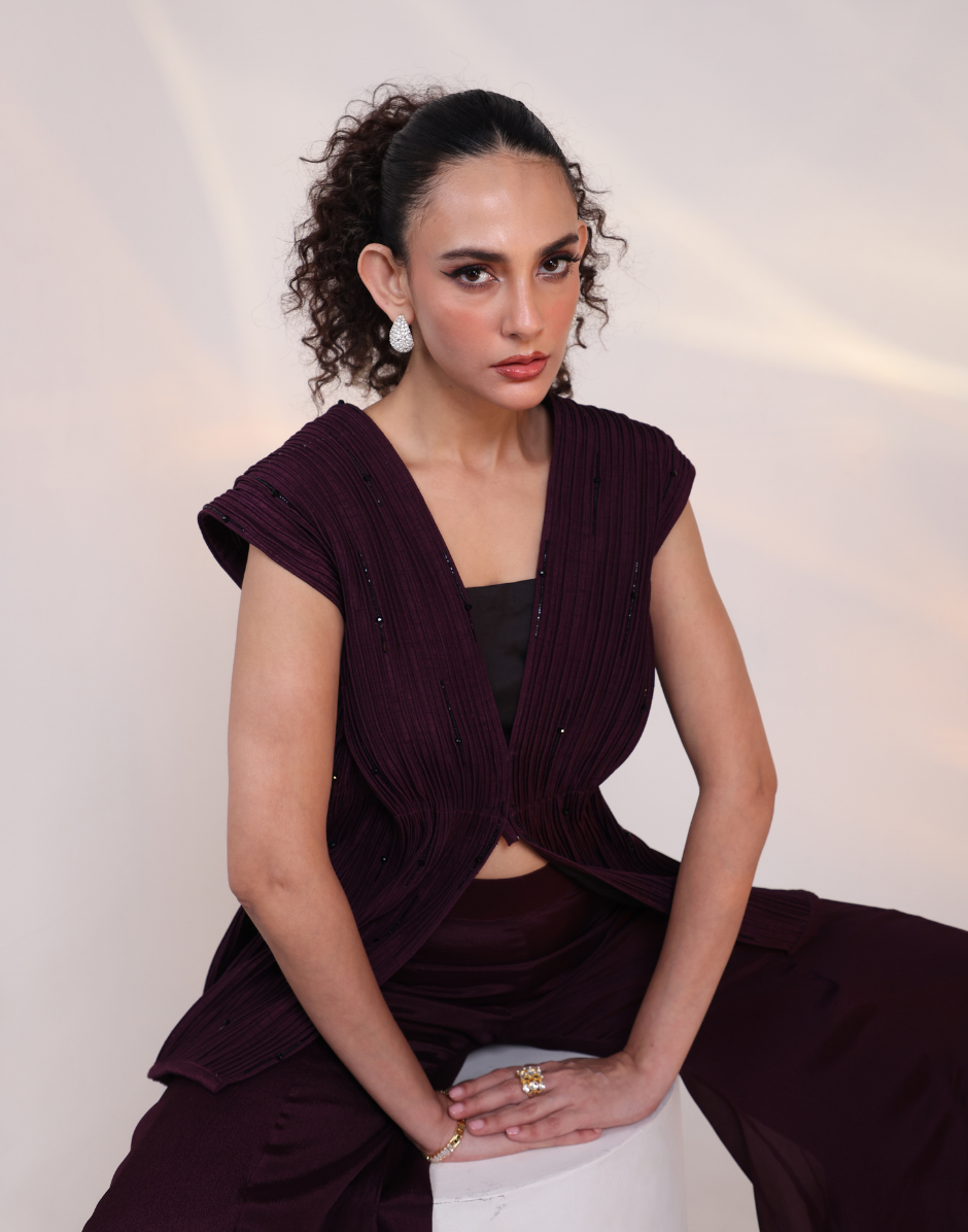 Designer Wine Three-Piece Co-Ord with Bustier, Tailored Overlay & Ankle-Length Flared Pants_3