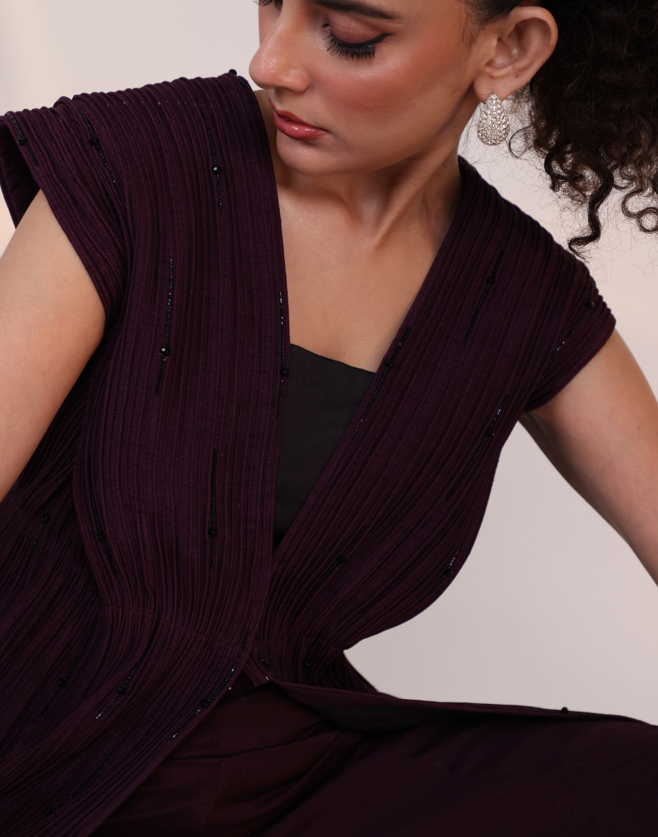 Designer Wine Three-Piece Co-Ord with Bustier, Tailored Overlay & Ankle-Length Flared Pants_4