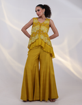 Designer Yellow Three-Piece Outfit Featuring Asymmetric Flared Top Bottom and Floral Applique Jacket