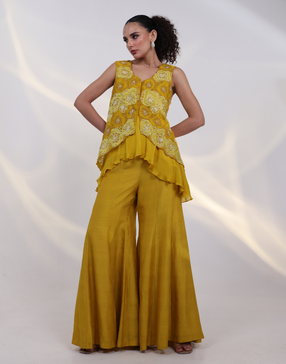 Designer Yellow Three-Piece Outfit Featuring Asymmetric Flared Top Bottom and Floral Applique Jacket