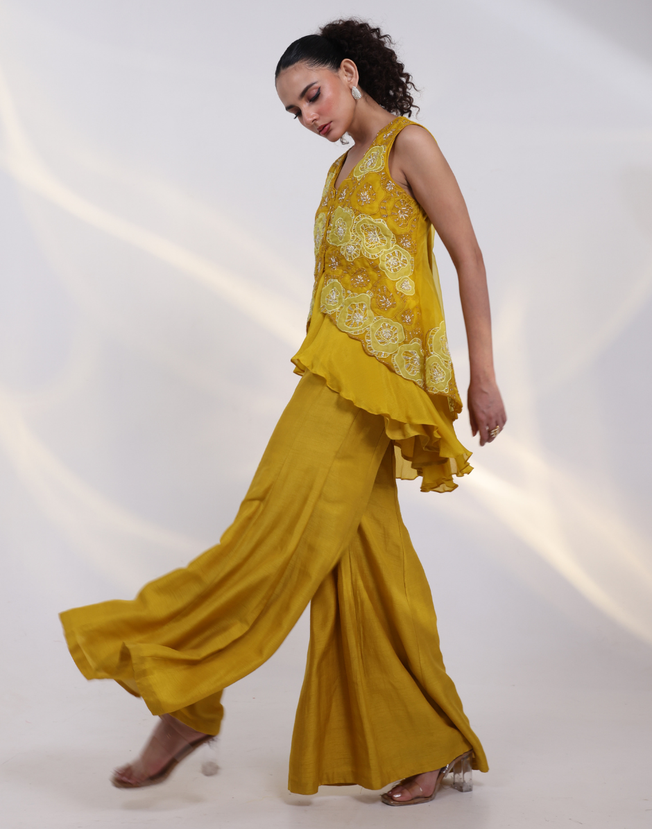 Designer Yellow Three-Piece Outfit Featuring Asymmetric Flared Top Bottom and Floral Applique Jacket