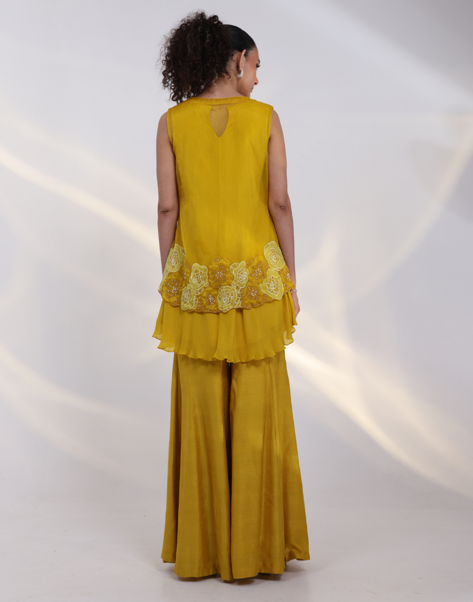 Designer Yellow Three-Piece Outfit Featuring Asymmetric Flared Top Bottom and Floral Applique Jacket_2