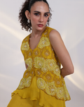 Designer Yellow Three-Piece Outfit Featuring Asymmetric Flared Top Bottom and Floral Applique Jacket_3