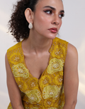 Designer Yellow Three-Piece Outfit Featuring Asymmetric Flared Top Bottom and Floral Applique Jacket_4