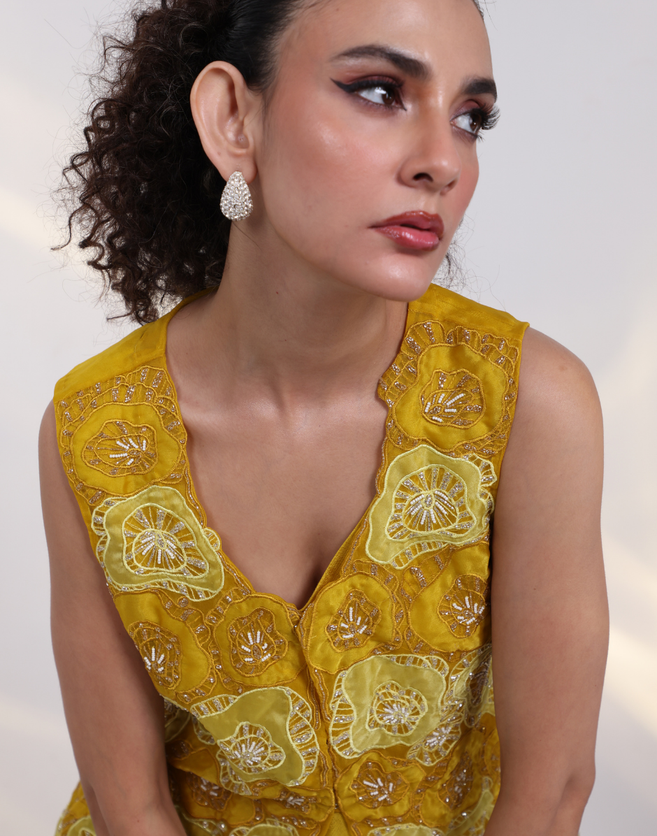 Designer Yellow Three-Piece Outfit Featuring Asymmetric Flared Top Bottom and Floral Applique Jacket_4