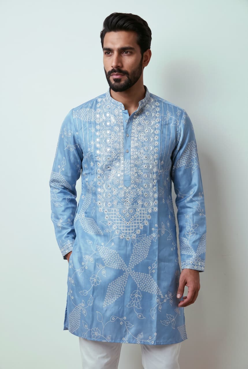 Blue Pure Simmer Silk Embroidery Kurta Pajama for Guest - RENT