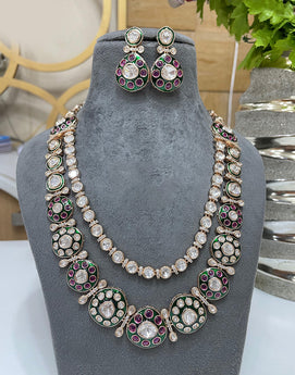 Double Layered Multicolour Kundan Necklace Set Traditional Indian Jewelry with Earrings - Buy