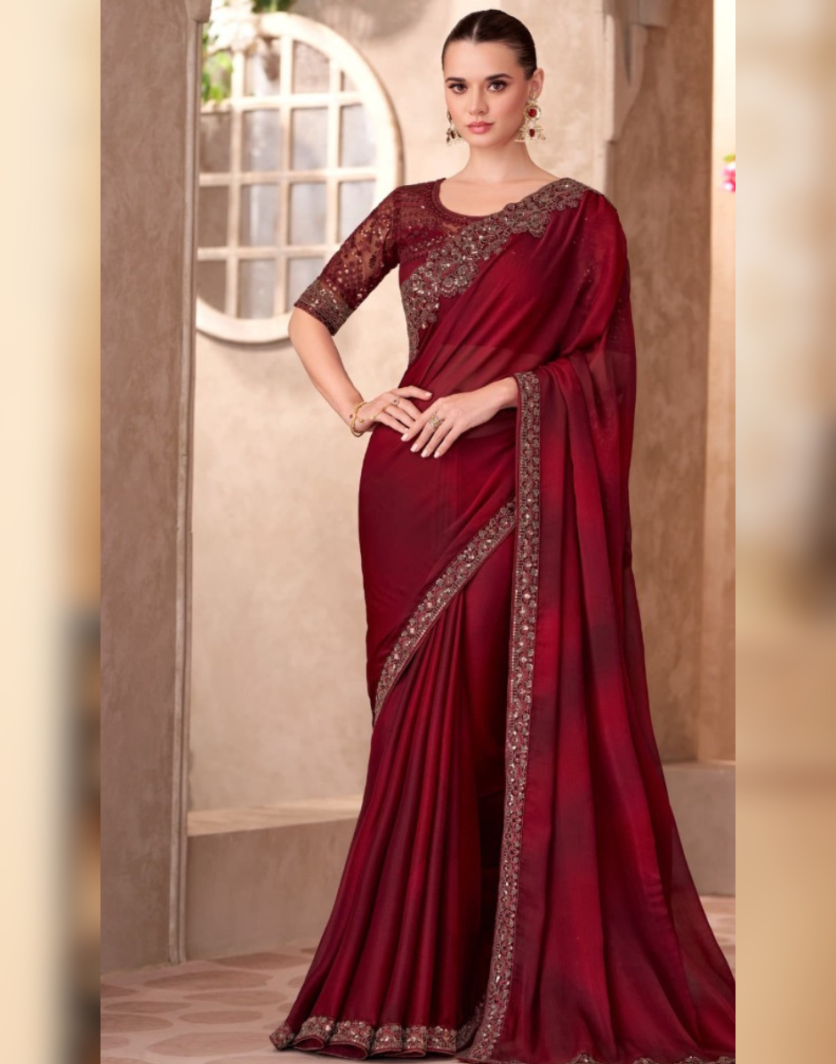 Drape the Glamour Maroon Sparkle Chiffon Saree & Contrast Linen Work Blouse