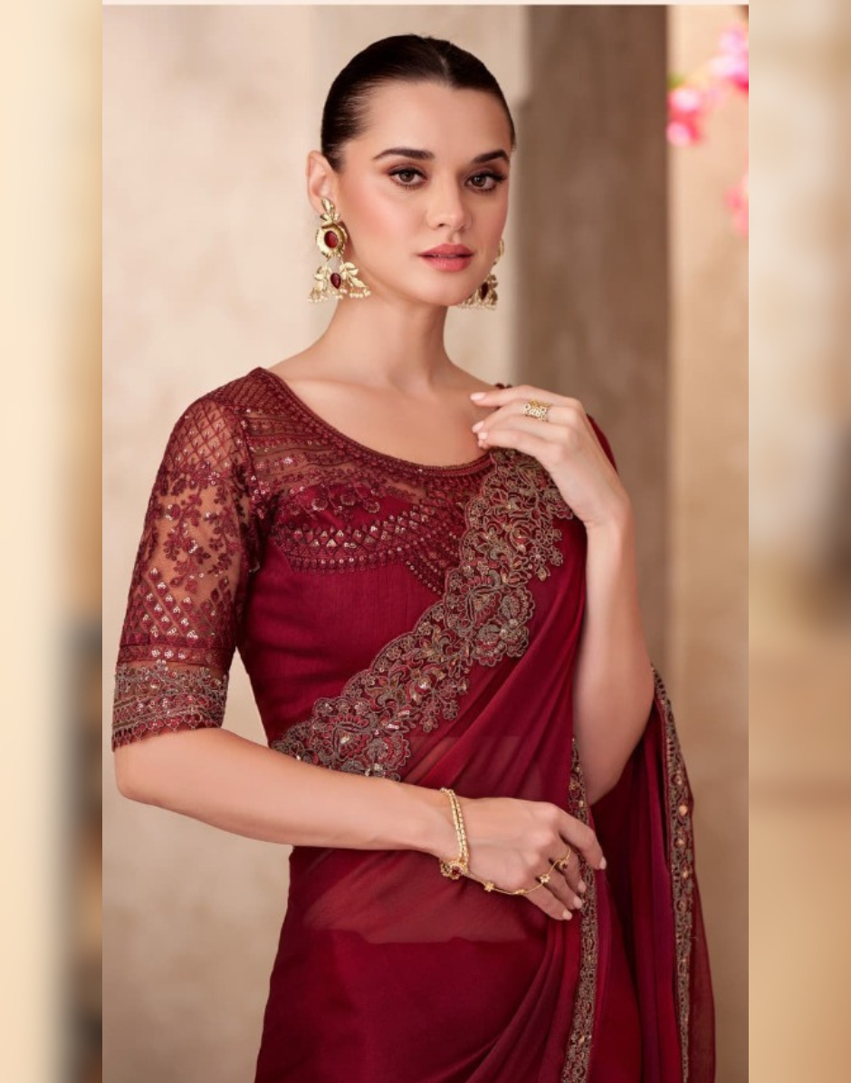 Drape the Glamour Maroon Sparkle Chiffon Saree & Contrast Linen Work Blouse