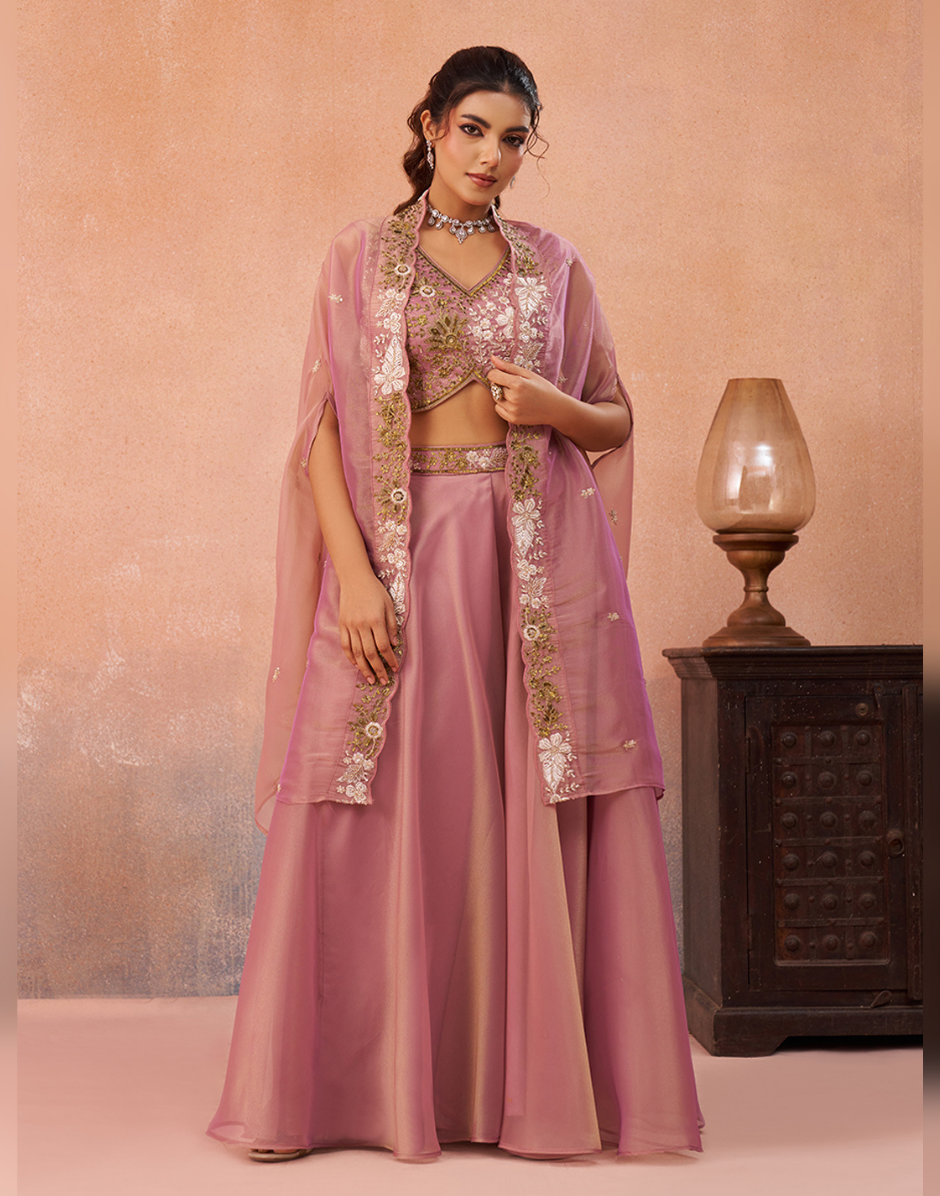 Dreamy Pastel Tissue Cape Set with Beaded Crop Top & Flared Palazzo in Pink & Sage Green