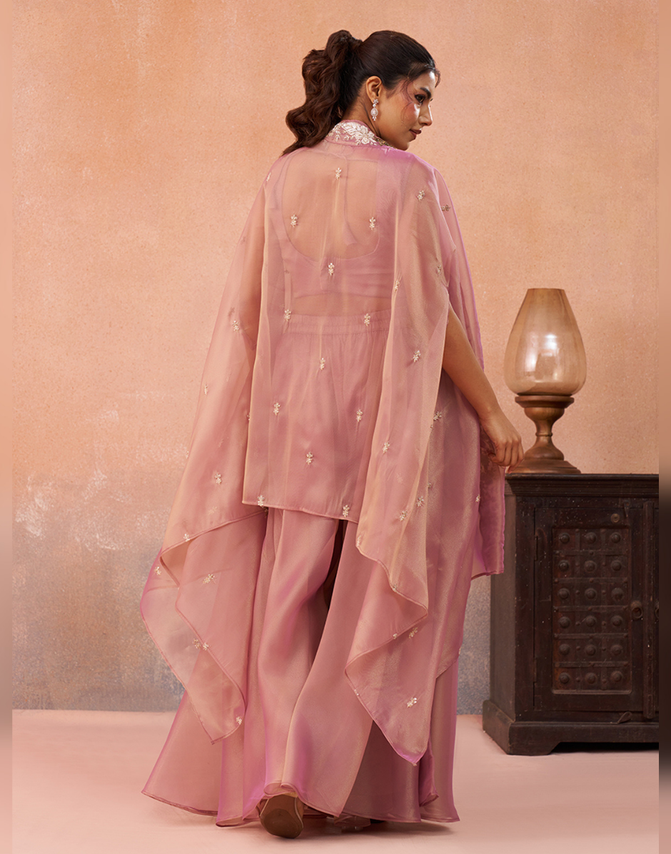 Dreamy Pastel Tissue Cape Set with Beaded Crop Top & Flared Palazzo in Pink & Sage Green